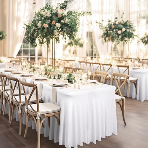 Wish Care 2 Pack White Spandex Table Clothes for 4 Foot Rectangle Tables, 4FT Wrinkle Free Fitted Tablecloths Ruffles Design Table Cover for Party, Banquet, Wedding and Events - Image 6