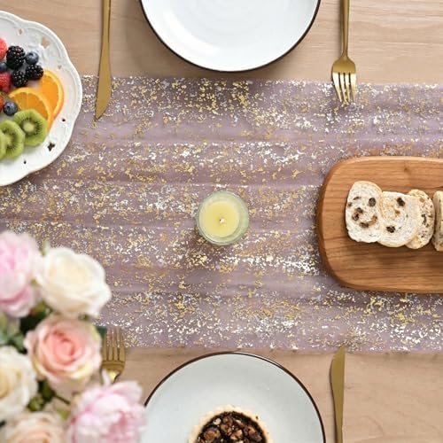Artoid Mode 10Pcs Grayish Purple Gauze Gold Table Runner 10FT, Glitter Metallic Foil Sheer Dining Wedding Anniversary Holiday Table Decor for Home Party - Image 3