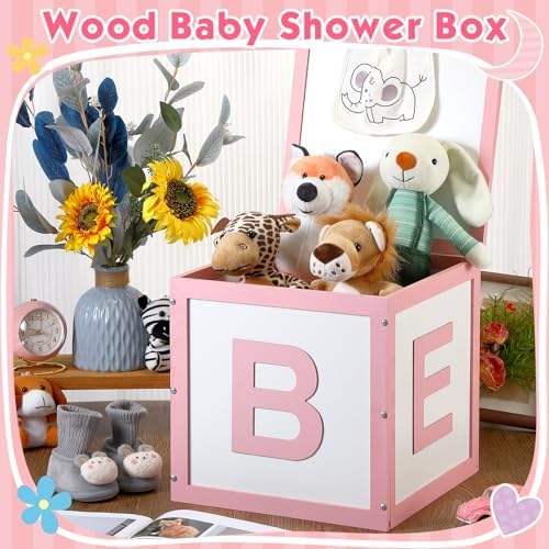 Chunful Wood Baby Shower Box ABC Display Box for Party Decorations with Alphabet Letters Personalized Shower Gifts Basket Party Blocks Backdrop for Boys and Girls (Pink,White) - Image 4