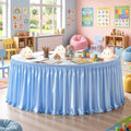 Wish Care 17ft Baby Blue Satin Long Table Skirt for Rectangle Tables Wrinkle Free Teacher Desk Skirt Glitter Ruffle Table Skirting Cloth for Back to School Classroom Office Birthday Party Table Decor by WishCare