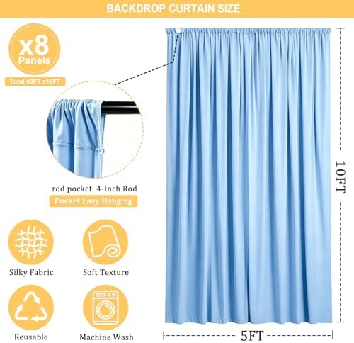 Gallety Baby Blue Backdrop Curtain for Wedding, Polyester Photo Backdrop Drapes - 40FT x 10FT Cloth Backdrop Curtain for Celebration,Stage, Social Events, Graduation,Engagement Party Decorations - Image 2