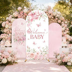 3PCS Welcome Baby Arch Backdrop Covers Pink Floral Party Decorations - Image 4