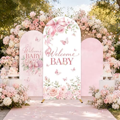 3PCS Welcome Baby Arch Backdrop Covers Pink Floral Party Decorations - Image 4