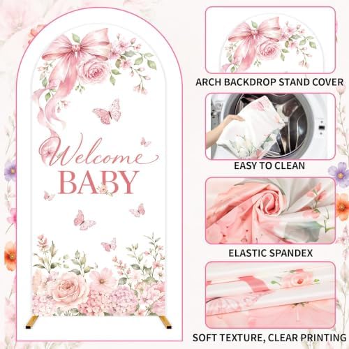 3PCS Welcome Baby Arch Backdrop Covers Pink Floral Party Decorations - Image 3