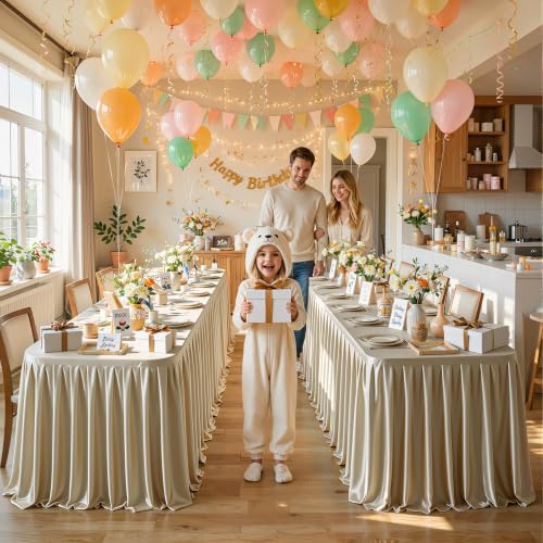 Champagne Gold Satin Tablecloths Rectangle 8FT, Glitter Spandex Fitted Stretch Table Covers Wrinkle-Resistant Floor Length Pleated Table Skirt for Weddings Parties Baby Shower Banquets Vendor Events - Image 5