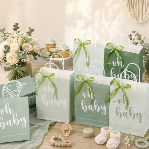 Gersoniel 50 Packs Baby Shower Gifts Bags Bulk 5.91 x 3.15 x 8.27 Inches Baby Shower Favor Bags with Handle Ribbon Thank You Gift for Party Favor for Guests Gifts Gender Reveal (Green) - Image 4
