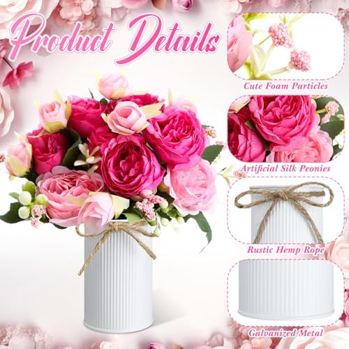 3 Sets Artificial Peonies Flower Peony Bouquet with Galvanized Metal Pot Silk Fake Peonies Faux Flower Arrangements for Wedding Table Centerpiece Party Home Room (Mixed Pink) - Image 4