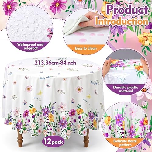 Ganeen 12 Pcs Wildflower Plastic Tablecloth 84 in Spring Round Tablecloths - Image 3