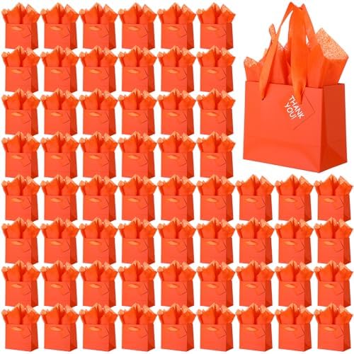 Qilery 50 Pcs Wedding Paper Gift Bags Bulk with Tissue Paper Small Gift Bags with Handle and Tags for Birthday Wedding 4th of July Party Business(Orange,4.7 x 2.4 x 3.9'') by Qilery