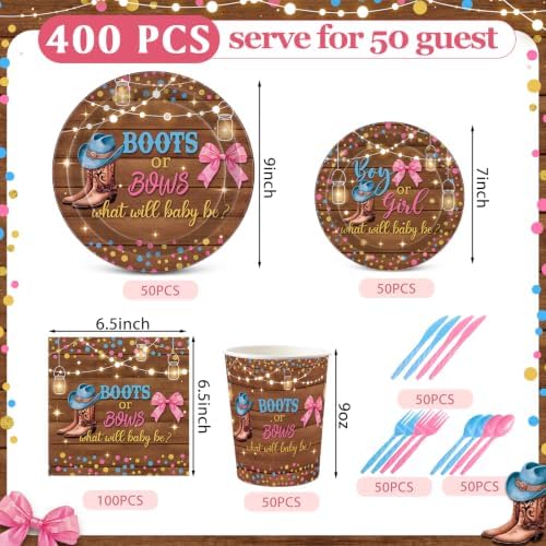 400 Pcs Boots or Bows Gender Reveal Party Decoration for 50, Gender Reveal Plates Napkins Cups Cutlery Pink Blue Western Disposable Tableware for Boy or Girl Baby Shower Party Supplies - Image 3
