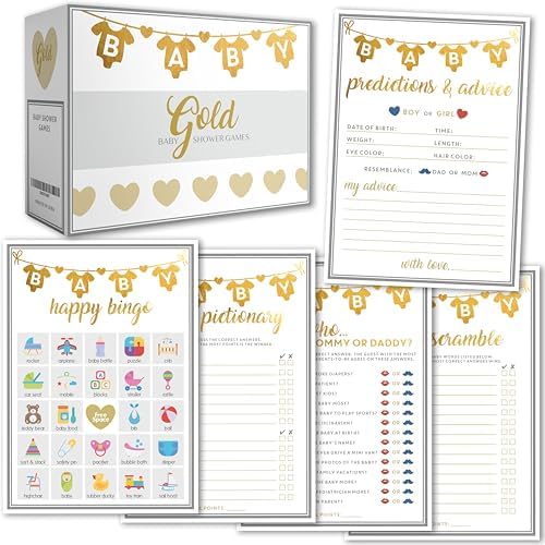 Party Hearty Baby Shower 5 Game Pack, Premium Thick Cardstock - Gold by PartyHearty