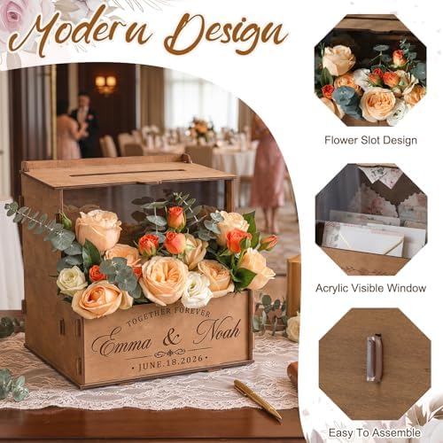 OurWarm Personalized Wedding Card Box with Names & Date Laser-Cut Engraving - Image 5