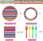 250 Pcs Mexican Fiesta Plates and Napkins, 50 Guests Disposable Mexico Serap Dinnerware Colorful Stripe Tableware Set for Cinco de Mayo Mexican Pinata Ponchos Party Supplies - Image 2