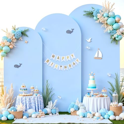 White and Blue Arch Cover 3 Set-7.2FT, 6.6FT, 6FT Arch Backdrop Cover Spandex Fitted 2-Color Fabric Stand Covers for Baby Shower Boy Birthday Party Graduation Banquet Photo Background Decorations - Image 3