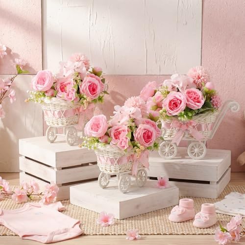3 Pack Pink Rattan Stroller Centerpieces Bouquet Baby Shower by Unknown