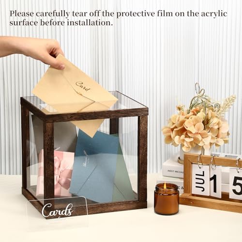 Menkxi Clear Wedding Card Box with Slot 10 x 10 x 8.5 Large Acrylic Card Box for Party Wooden Envelope Holder with Sign for Wedding Quinceanera Birthday Baby Shower Decorations(Rustic Brown,Wood) - Image 5