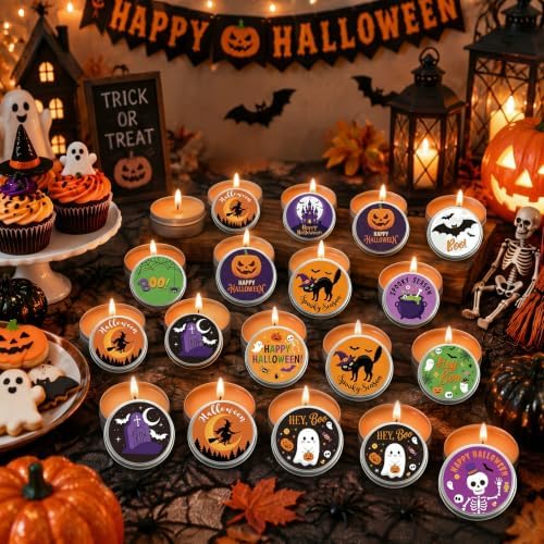 Treela 24 Pcs Halloween Pumpkin Scented Tin Candles Cinnamon Spice Fall Mini Soy Candles in Round Metal Tins, 5x2cm Small Halloween Candle Favors for Party Decorations - Image 6