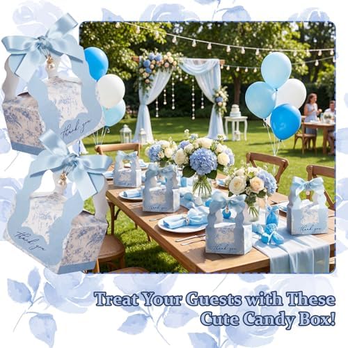 ForraFun 100 Sets Floral Wedding Favor Boxes with Pearl Pendant Bow, Blue - Image 2
