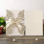 Hosmsua 50PCS Personalized Laser Cut Flora Lace Invitation Cards with Bowknot 5.12”x 7.3'' Light Gold Wedding Invitations with Envelopes for Engagement Birthday (Champagne Glitter) - Image 5