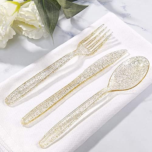 WDF 360 Gold Plastic Silverware - Disposable Gold Glitter Cutlery - Plastic Silverware inluding 120Forks, 120 Spoons, 120 Knives for Wedding/Baby Shower/Birthday - Image 2