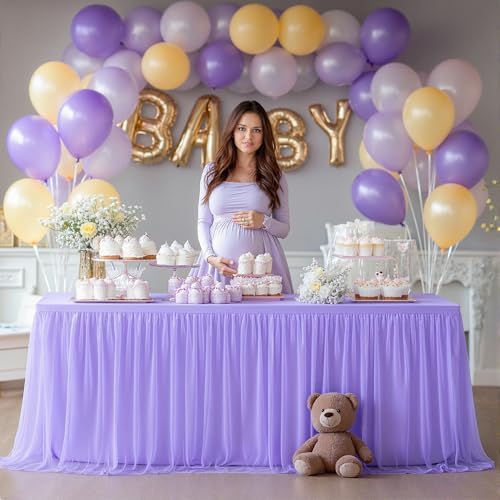 Wish Care Lavender Tulle Tablecloth for 6 Foot Rectangle Tables Stretch Fitted Rectangular Table Cloths Purple Wrinkle Free Ruffle Table Covers Tutu Desk Skirt for Wedding Birthday Baby Shower Party - Image 3