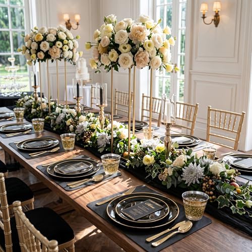 KIRE 60PCS Black Plastic Plates - Black Disposable Plates with Gold Rim - Include 30Pcs 10.25inch for Dinner and 30Pcs 7.5inch for Dessert for Wedding/Graduation/Party/Halloween - Image 6