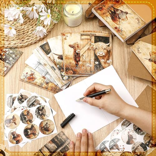 Motiskyy 72 Pack Vinatge Highland Cow Greeting Cards Bulk with 72 Pack Retro Rustic Envelopes 72 Pcs Farmhouse Stickers, 4 x 6 Inch Blank Inside Postcards for Baby Shower DIY Card Paper Gift - Image 4