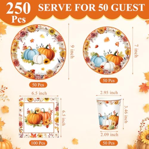 Pickmesh 250 Pcs Fall Thanksgiving Party Decorations Fall Maple Leaves Pumpkins Paper Plates Napkins and Cups Disposable Tableware Set for Autumn Thanksgiving Harvest Birthday Party Supplies Serve 50 - Image 2