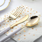 I00000 144 Gold Plastic Silverware, Disposable Silverware with White Handle - Image 2
