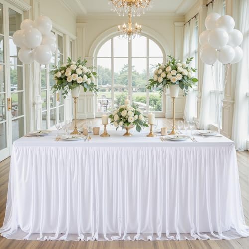 6ft White Table Cloth Rectangle Tulle Tablecloth Fitted White Tablecloths for 6 foot Rectangle Tables Stretch Spandex Table Cover for Parties Wedding Birthday Events Buffet Banquet Desk Table Skirt by HBBMAGIC