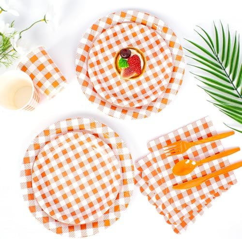 Vyntra 350-Pc Orange Gingham Paper Plates and Napkins Party Supplies - Image 6