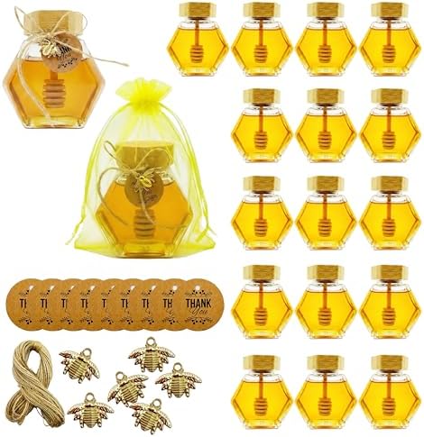 15 Sets 3.38 oz Hexagonal Glass Honey Jars With Favor Accessories by Unknown