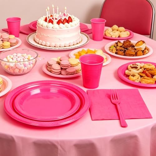 250Pcs Hot Pink Plastic Party Plates and Napkins Set for Birthday, Wedding - Image 3