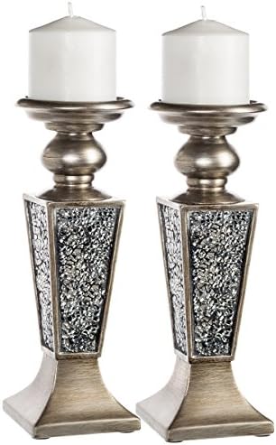 Creative Scents Schonwerk Silver Pillar Candle Holder Set of 2 - Crackled Mosaic Design - Centerpiece Table Decoration - Coffee Table Decor - Decoration Centerpiece for Living/Dining Room - Best Gift by CreativeScents