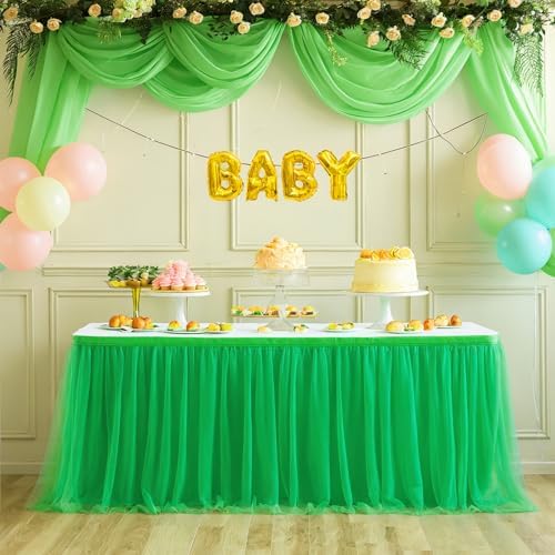 14ft Green Table Skirt Tulle Tutu Table Clothes for Birthday Boy Girl Baby Shower Gender Neutral Graduation, Hawaiian Jungle Luau Themed Party, Animal Safari Theme Party Decorations - Image 2