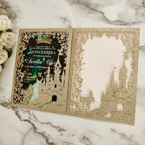 20PCS Castle Pocket Invitations, Quinceanera Invitations with Envelopes, Princess Invitation, Laser Cut quince invites (glitter light gold) - Image 4