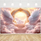 Pink Angel Wings Theme Banner Paradise Gate Sky Stairway to Heaven Holy Light Clouds Gold Sky Background Heaven Sent Baby Shower Baptism Banner Easter Photo Background (Pink, 9 * 6feet) - Image 3