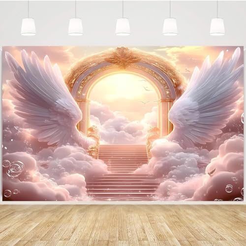 Pink Angel Wings Theme Banner Paradise Gate Sky Stairway to Heaven Holy Light Clouds Gold Sky Background Heaven Sent Baby Shower Baptism Banner Easter Photo Background (Pink, 9 * 6feet) - Image 3