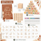 117 Pcs Baby Shower Blocks to Decorate Game Kit, 52 Wooden Baby Blocks for Baby Shower Games, 24 Acrylic Markers, 10 Stencils, Game Sign, DIY Baby Shower Activity & Gender Reveal Decor, Kraft Boho - Image 2