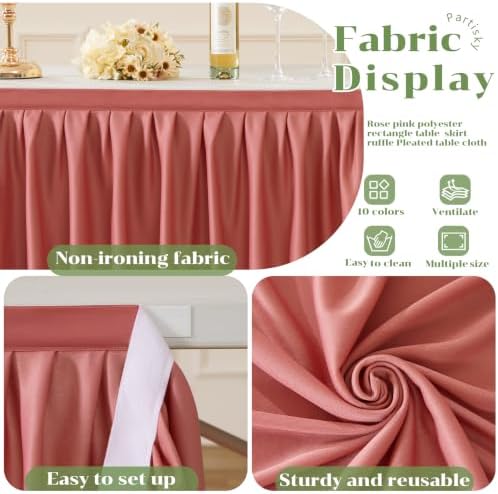 Partisky Rosy Pink Polyester Table Skirt for Rectangle Tables 17ft, Wrinkle Resistant Pleated Ruffle Table Cloth for Wedding Baby Shower - Image 5