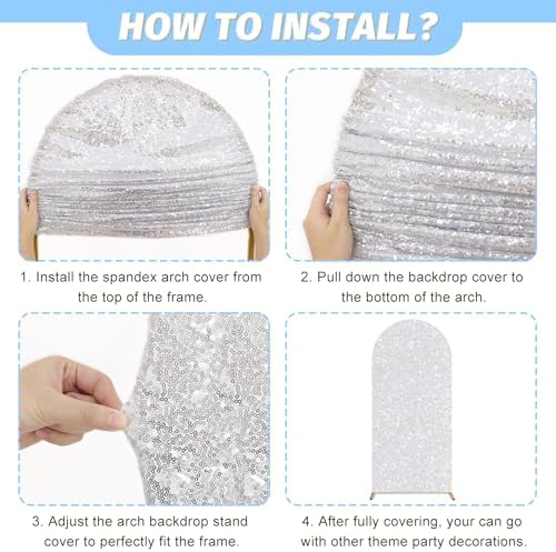 MODFUNS Sequins Arch Cover Set of 2 Silver Wedding Arch Cover 6ft 7.2ft Glitter Arch Stand Cover Spandex Arch Cover Double Use Arch Covers Stretchy Backdrop Chiara Arch Cover for Party Banquet Arch - Image 6
