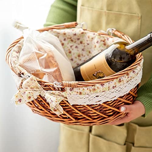YRJJ Wicker Picnic Basket with Handles & Liner Oval Empty Gift Basket Willow Woven Easter Eggs & Candy Storage Basket Fruit Serving Basket Kids Blanket Toy Organizer, 1 - Image 4
