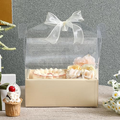 Honeydak 10 Pcs Cake Flower Clear Gift Boxes with Handle 4 in, Yellow, Bow - Image 5