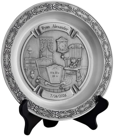 Let's Make Memories Personalized Pewter Baby Plate - Welcome Newborn - Celebrate New Baby - Nursery Decor - Customize Name, Weight, Length, Birthdate, Time of Birth - 9" Dia by LetsMakeMemories