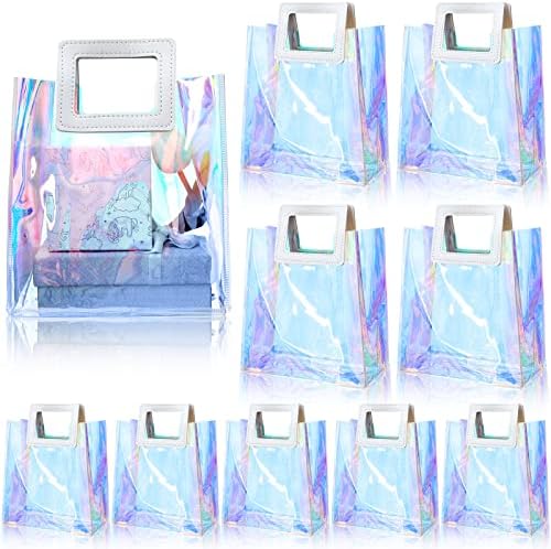 Cindeer 20 Pack Iridescent Beach Bag with Handles Iridescent Gift Bags Holographic Tote Bag Goodie Clear PVC Gift Wrap for Party Birthday Wedding Baby Shower Bridal Party Favor(11 x 10 x 6 Inch) by Cindeer