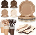 192Pcs Brown Plates and Napkins Party Supplies, Disposable 9’’ Scalloped Khaki Paper Plates Cups Napkins Forks, Gradient Party Decorations for Birthday, Baby Shower, Bridal Shower, Fall, Serves 48 by CENLBJ