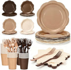 192Pcs Brown Plates and Napkins Party Supplies, Disposable 9’’ Scalloped Khaki Paper Plates Cups Napkins Forks, Gradient Party Decorations for Birthday, Baby Shower, Bridal Shower, Fall, Serves 48 by CENLBJ