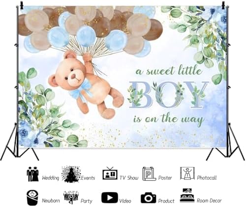 8x6ft Blue Bear Baby Shower Backdrop A Sweet Little Boy is On The Way Photography Background Baby Shower Banner for Boy Bear Party Decorations Newborn Photo Props - Image 5