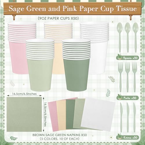 Mimorou 354 Pcs Sage Green and Pink Plates and Napkins Set Serves 50 - Image 4