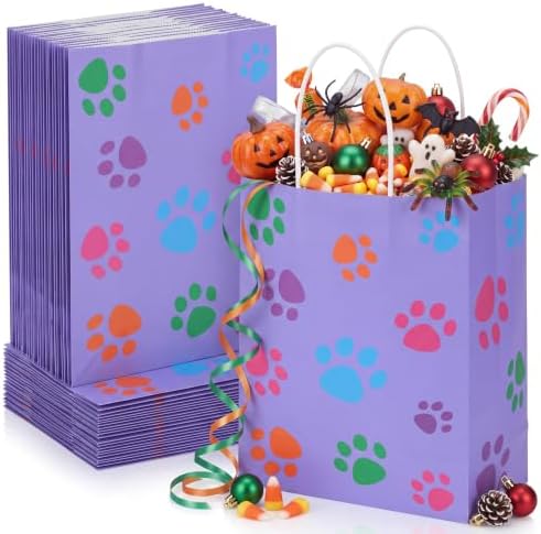 Tenceur 80 Pcs Dog Gift Bags Goodie Paw Puppy Paper Treat Bags Bulk with Handles 10.63 x 4.72 x 7.87 Inch Dog Themed Party Favors Shopping Holiday Kraft (Purple Colorful) by Tenceur